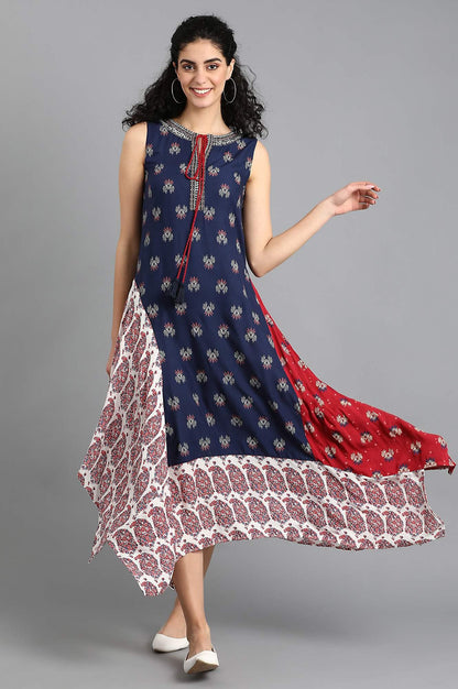 Blue Round Neck Printed kurta - wforwoman