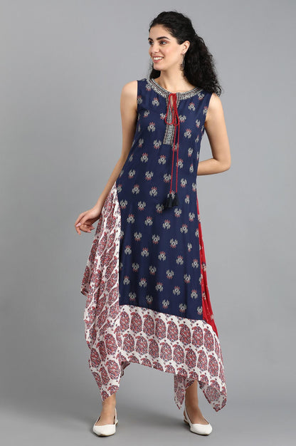 Blue Round Neck Printed kurta - wforwoman