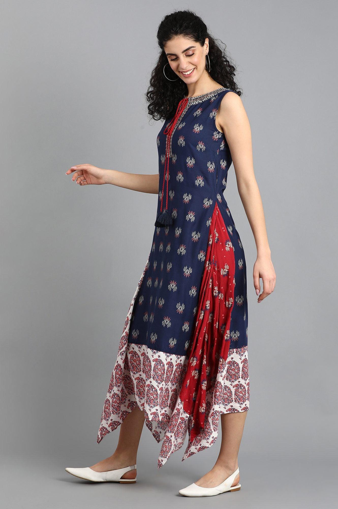 Blue Round Neck Printed kurta - wforwoman