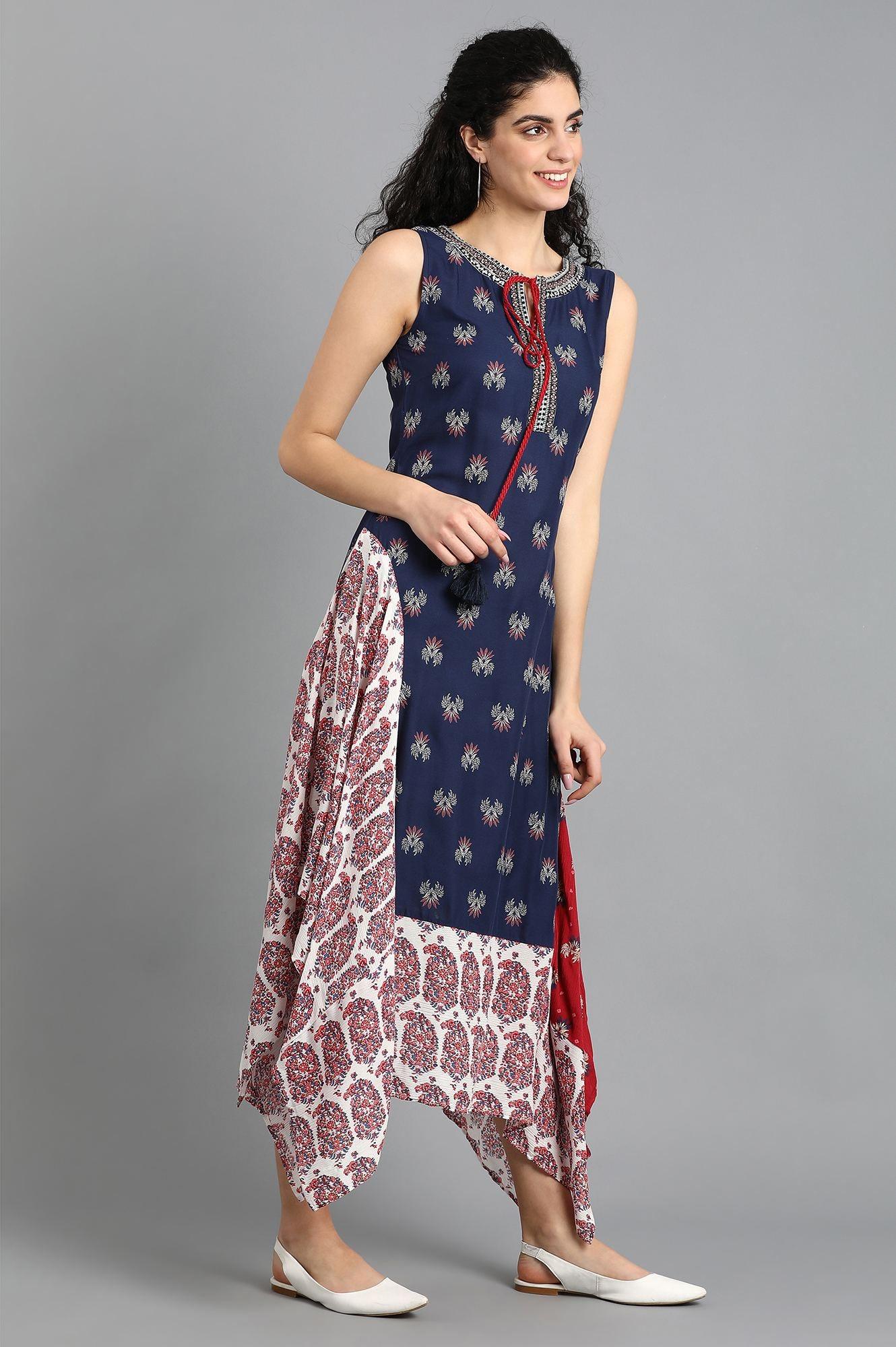 Blue Round Neck Printed kurta - wforwoman