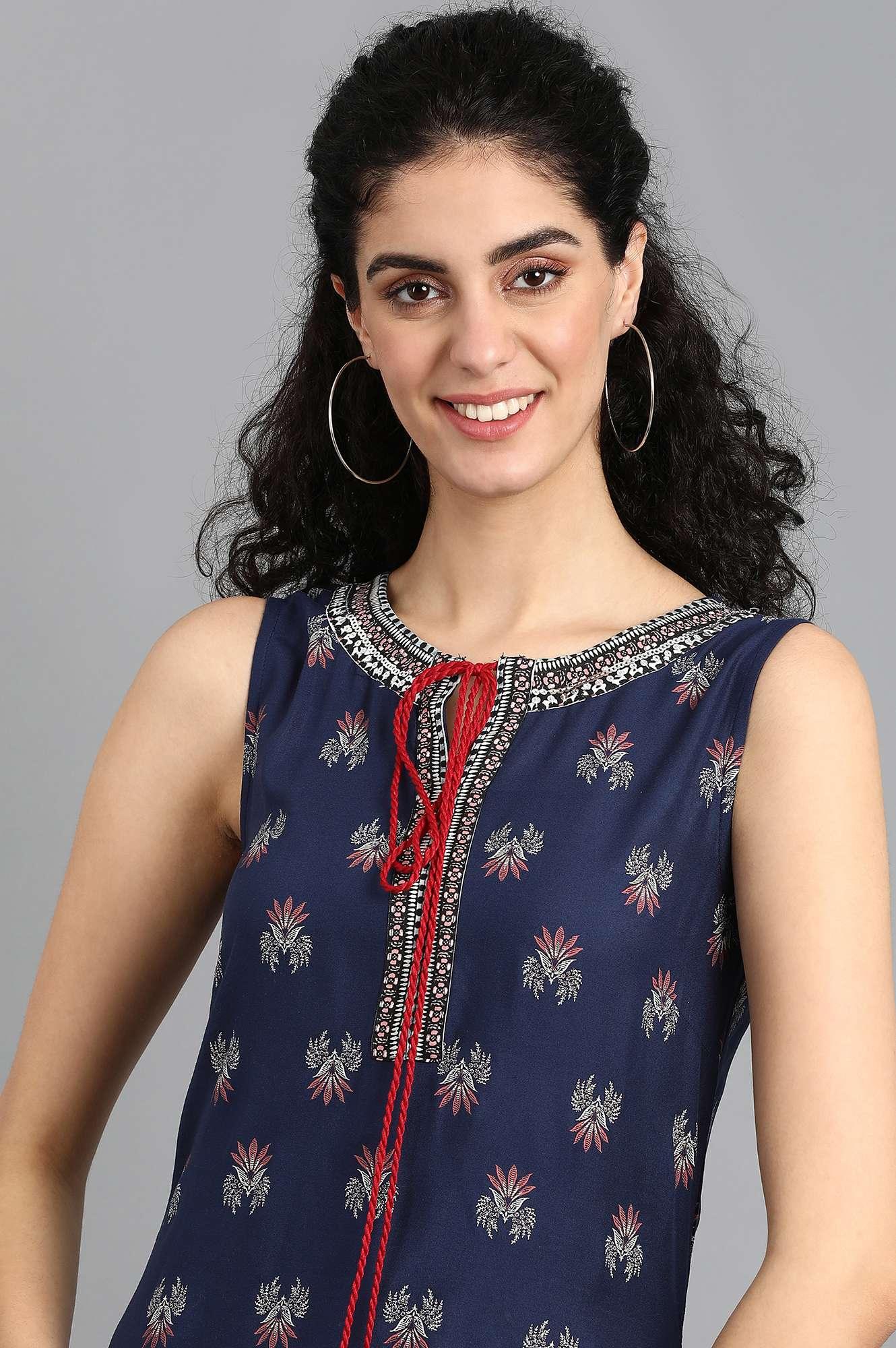 Blue Round Neck Printed kurta - wforwoman