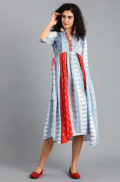 Blue &amp; Red Mandarin Neck Yolo Dress - wforwoman