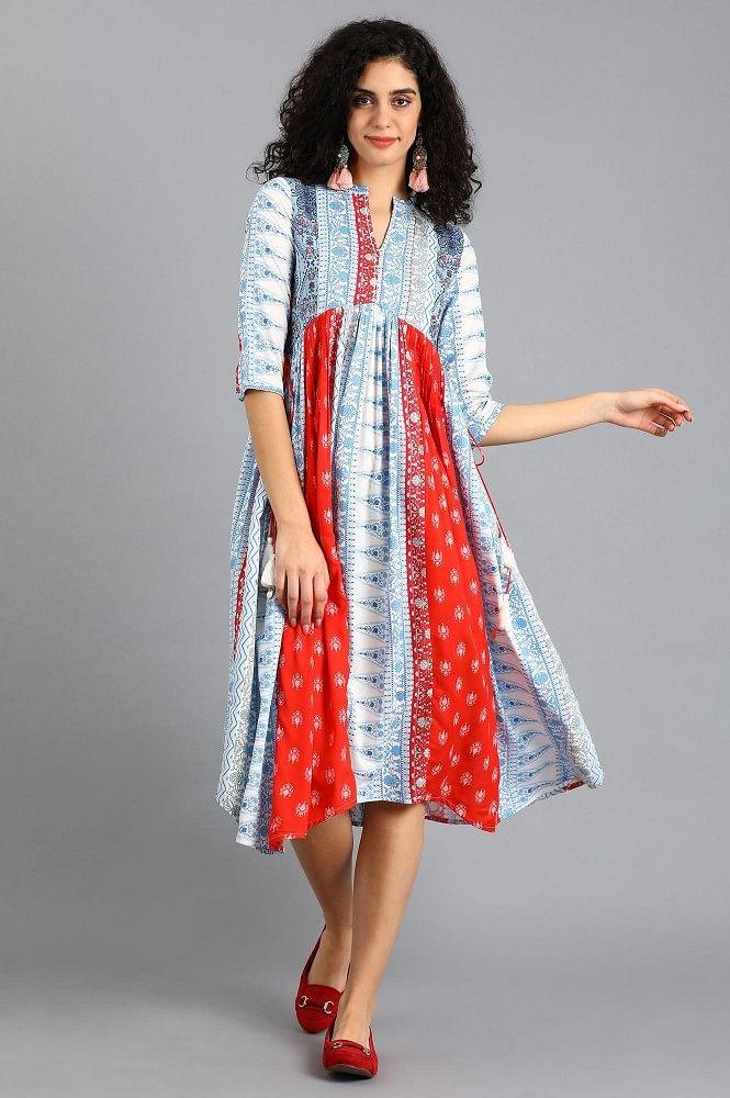 Blue &amp; Red Mandarin Neck Yolo Dress - wforwoman