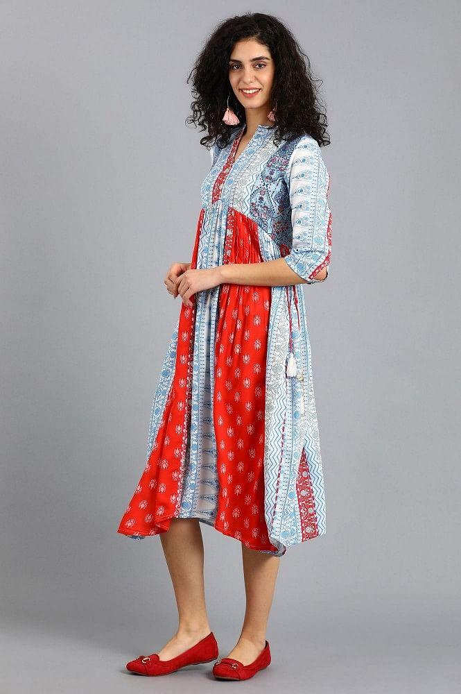 Blue &amp; Red Mandarin Neck Yolo Dress - wforwoman