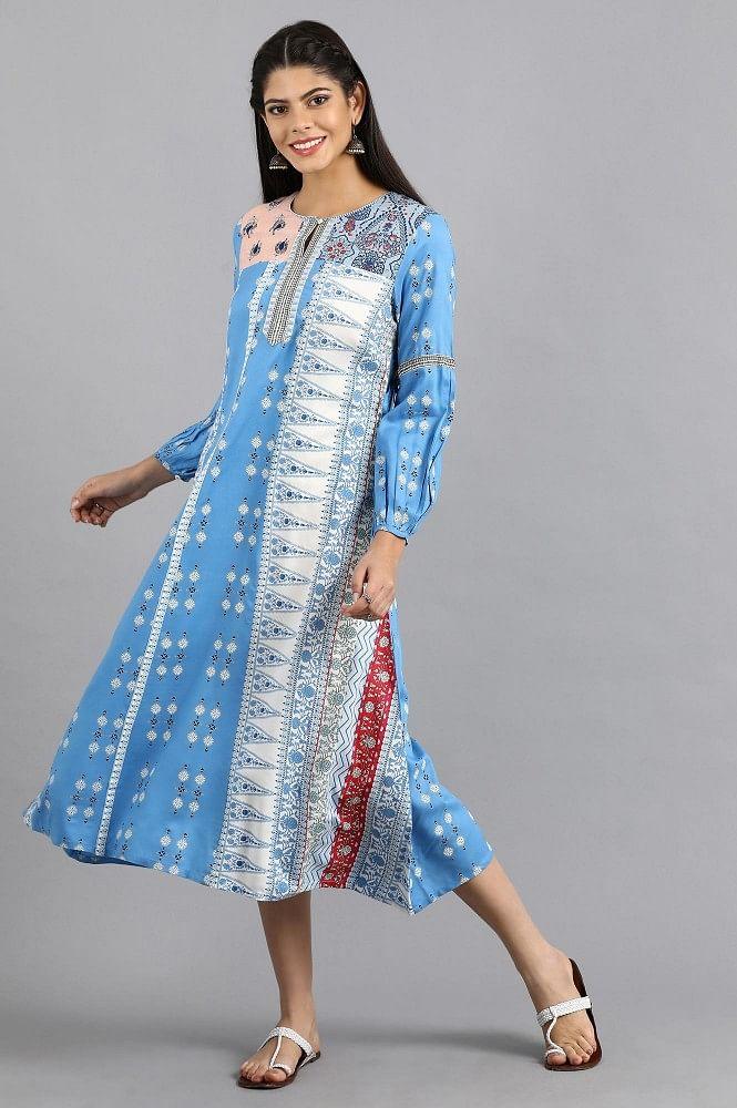 Blue Printed Yolo Dress - wforwoman