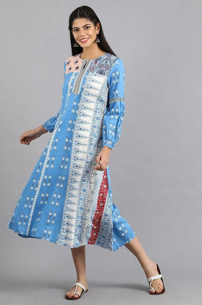 Blue Printed Yolo Dress - wforwoman