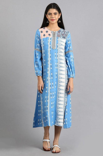 Blue Printed Yolo Dress - wforwoman