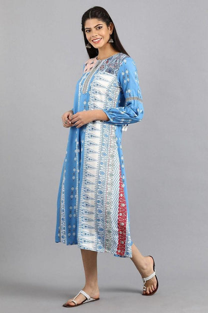 Blue Printed Yolo Dress - wforwoman