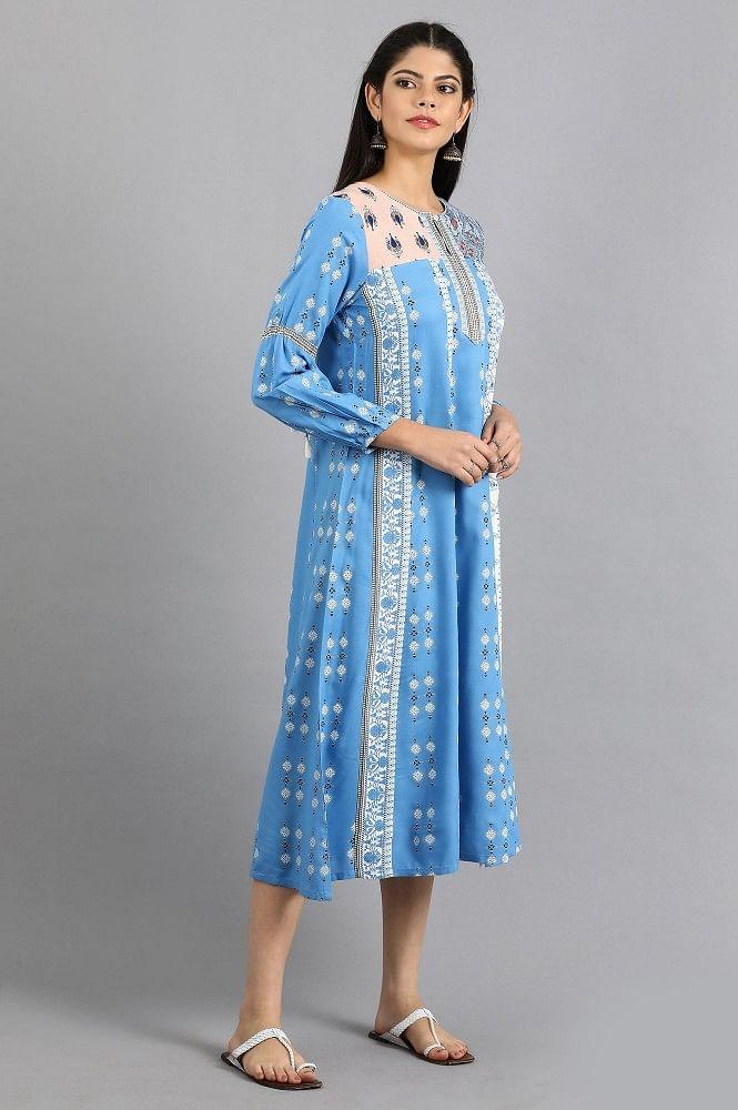 Blue Printed Yolo Dress - wforwoman