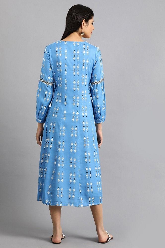 Blue Printed Yolo Dress - wforwoman