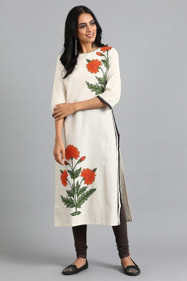 Beige Round Neck Printed kurta