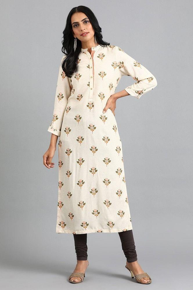 Off-White Mandarin Neck Printed kurta - wforwoman