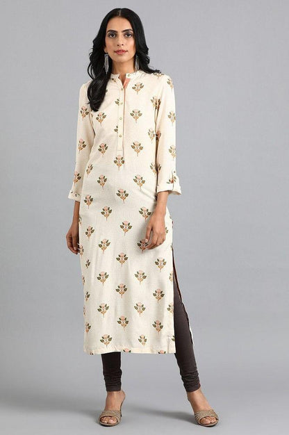 Off-White Mandarin Neck Printed kurta - wforwoman