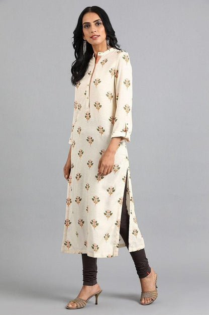 Off-White Mandarin Neck Printed kurta - wforwoman