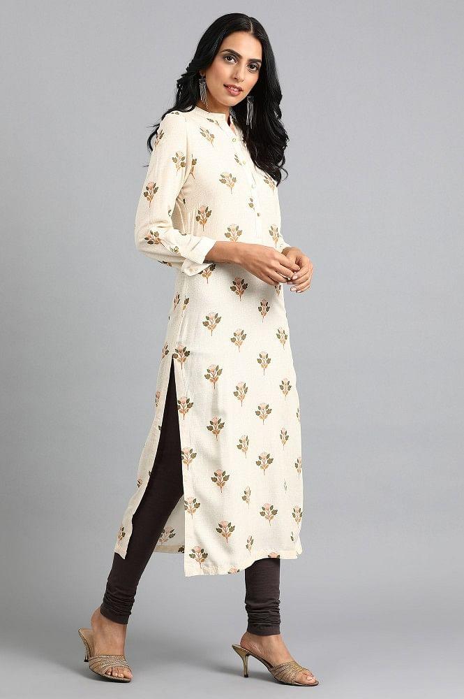 Off-White Mandarin Neck Printed kurta - wforwoman