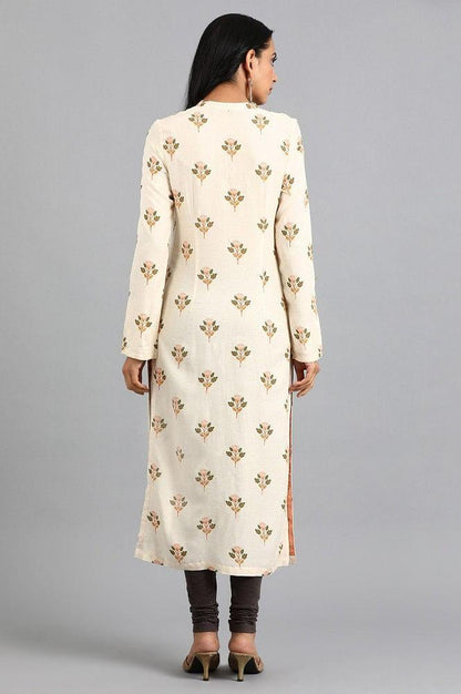 Off-White Mandarin Neck Printed kurta - wforwoman