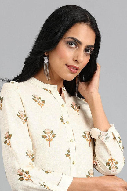 Off-White Mandarin Neck Printed kurta - wforwoman