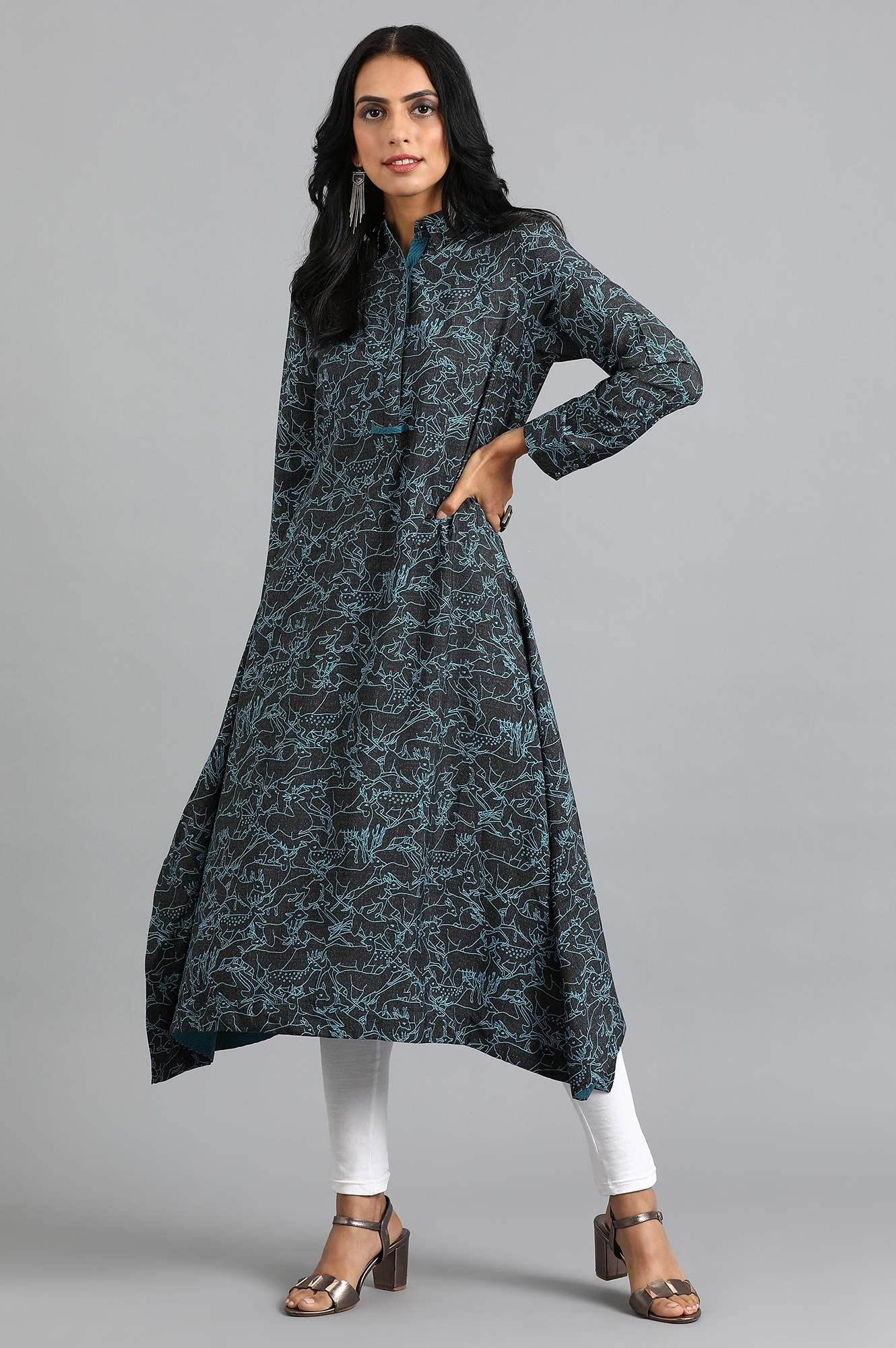 Green Round Neck Printed kurta - wforwoman