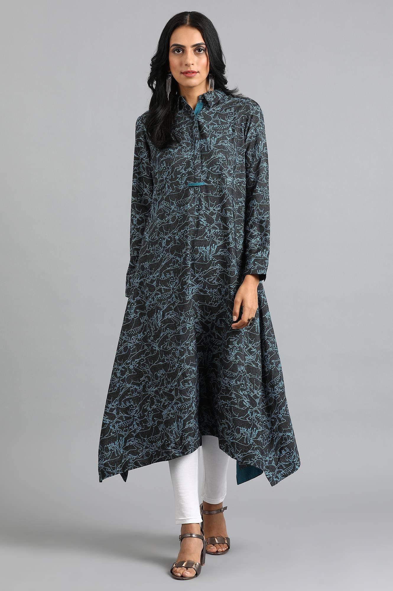 Green Round Neck Printed kurta - wforwoman