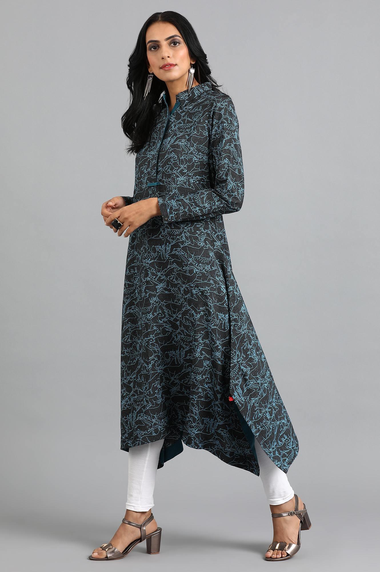 Green Round Neck Printed kurta - wforwoman