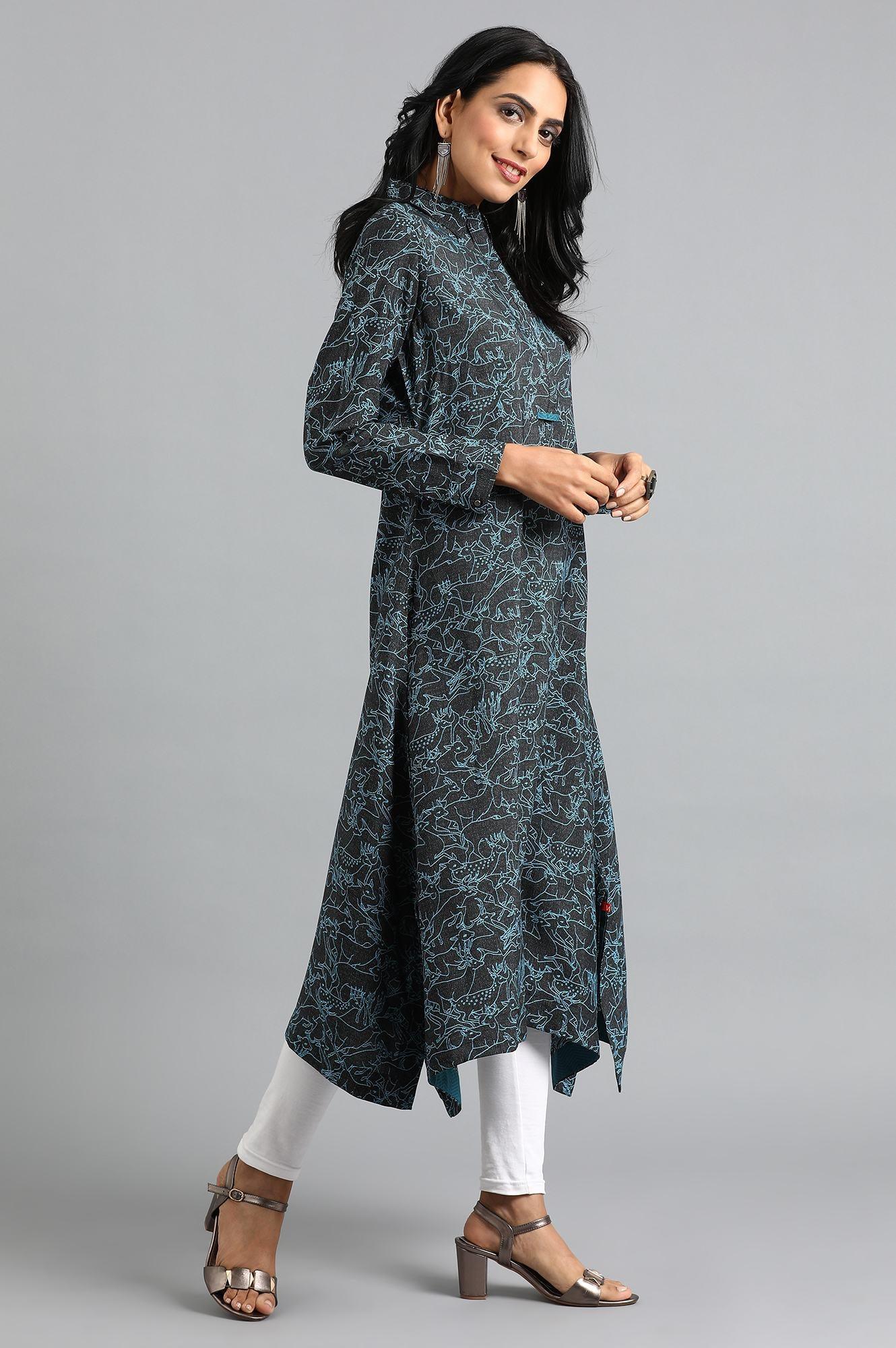 Green Round Neck Printed kurta - wforwoman