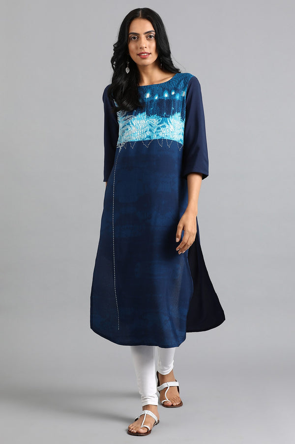 Blue Round Neck Printed kurta