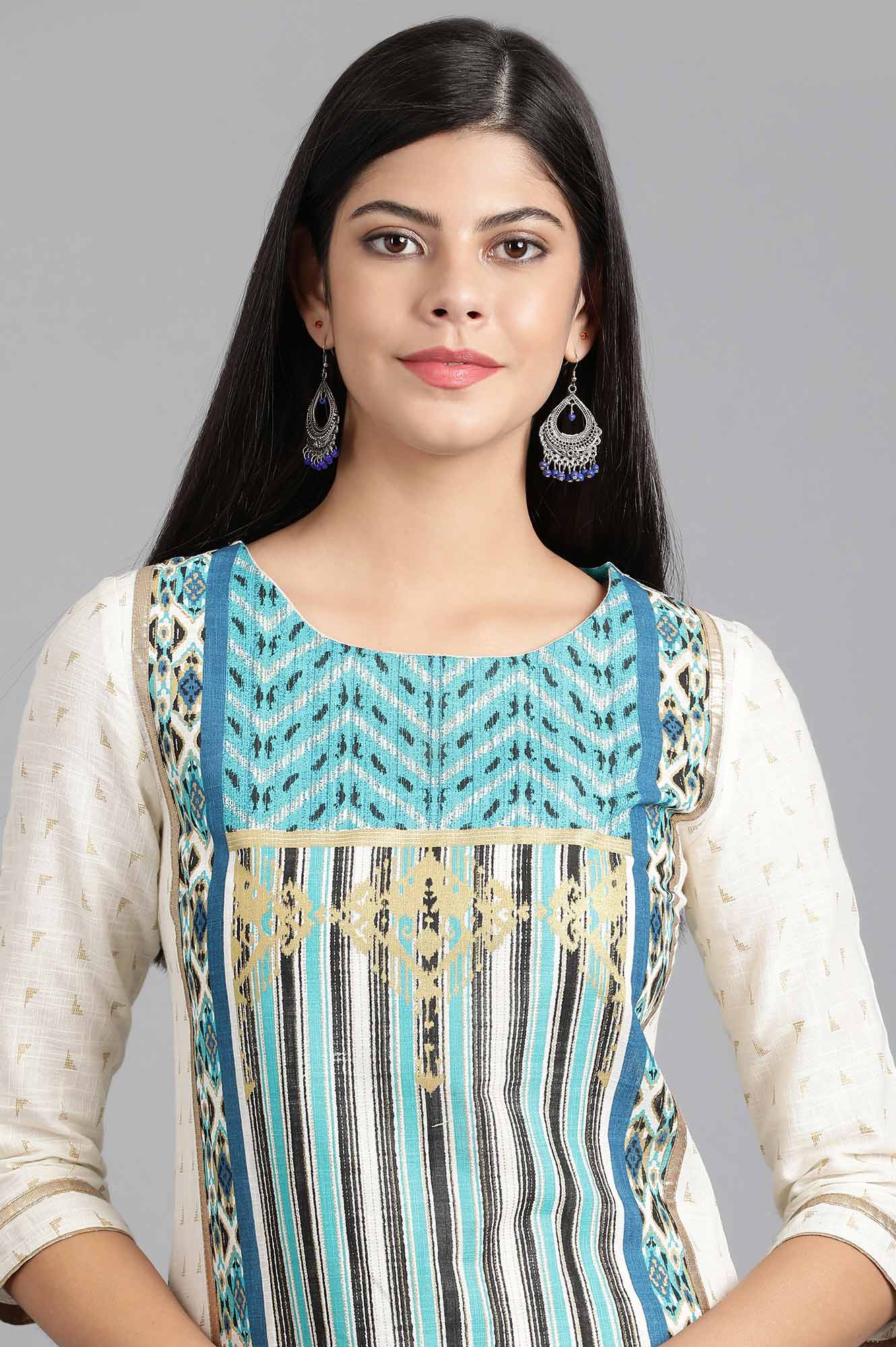 Blue Round Neck Printed kurta