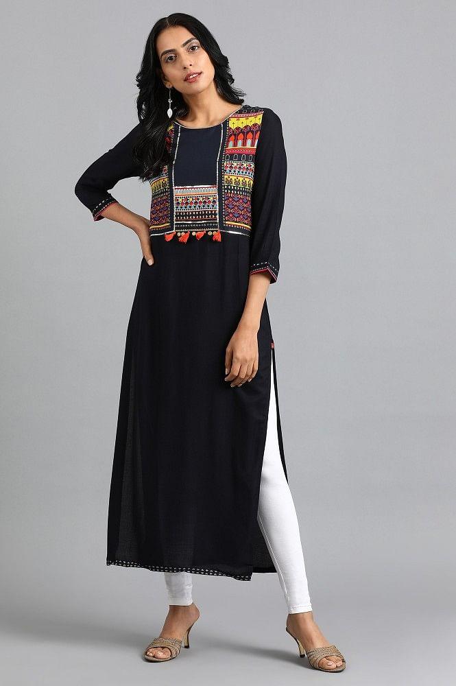 Blue Round Neck Printed kurta - wforwoman