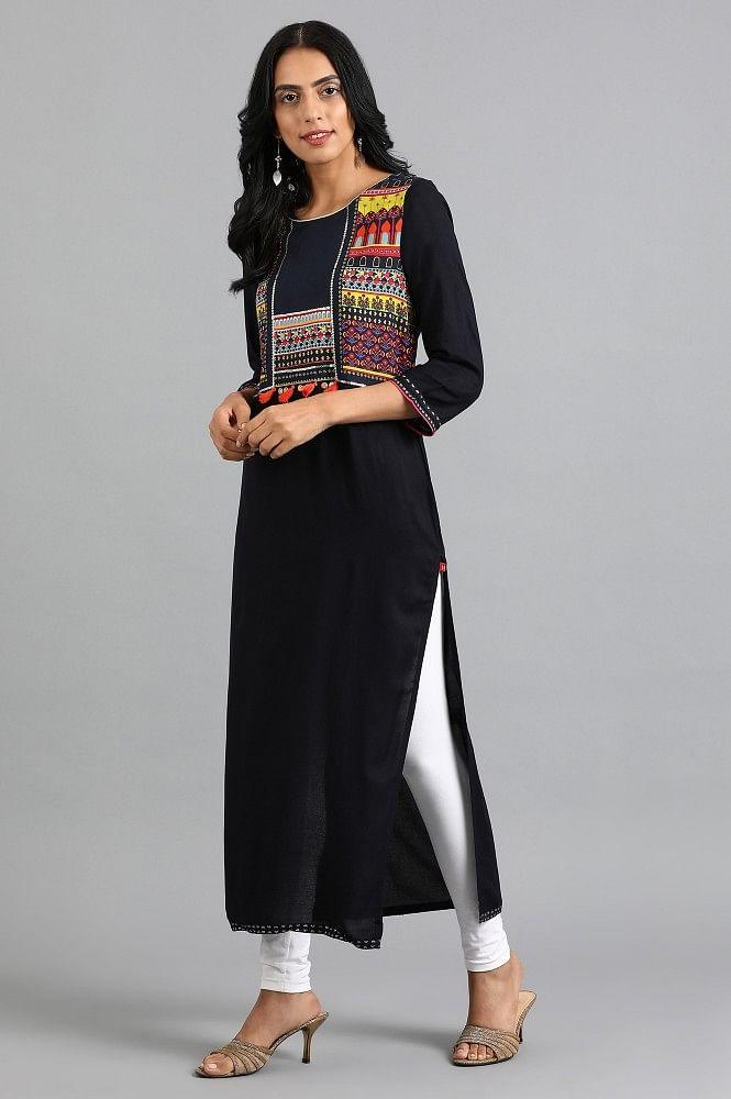 Blue Round Neck Printed kurta - wforwoman