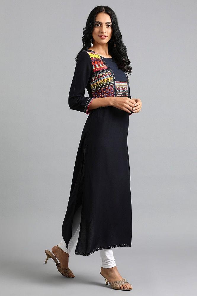 Blue Round Neck Printed kurta - wforwoman