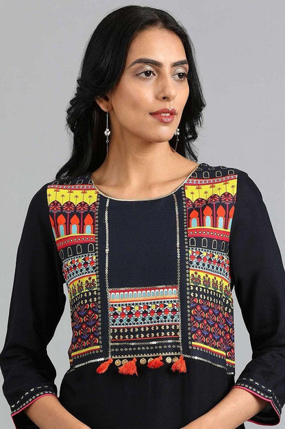 Blue Round Neck Printed kurta - wforwoman