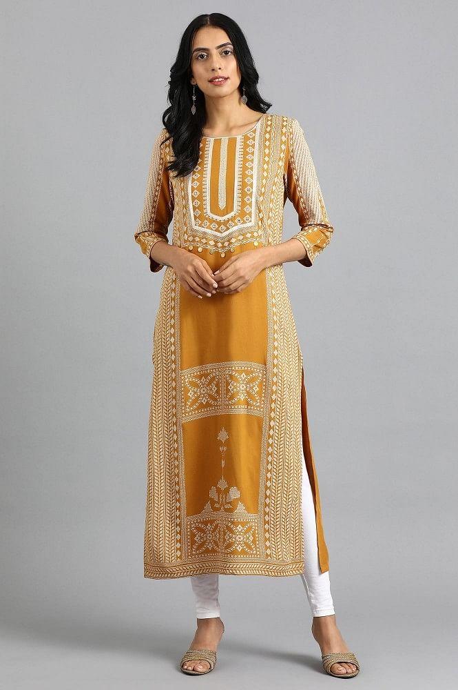 Yellow Round Neck Printed kurta - wforwoman