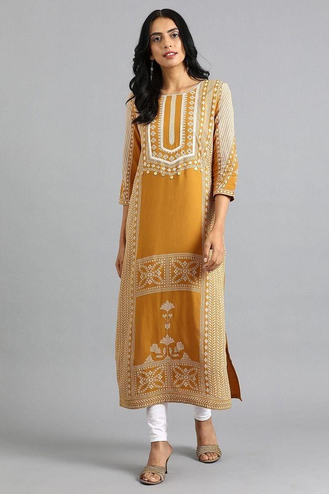 Yellow Round Neck Printed kurta - wforwoman