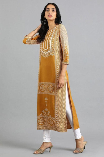 Yellow Round Neck Printed kurta - wforwoman