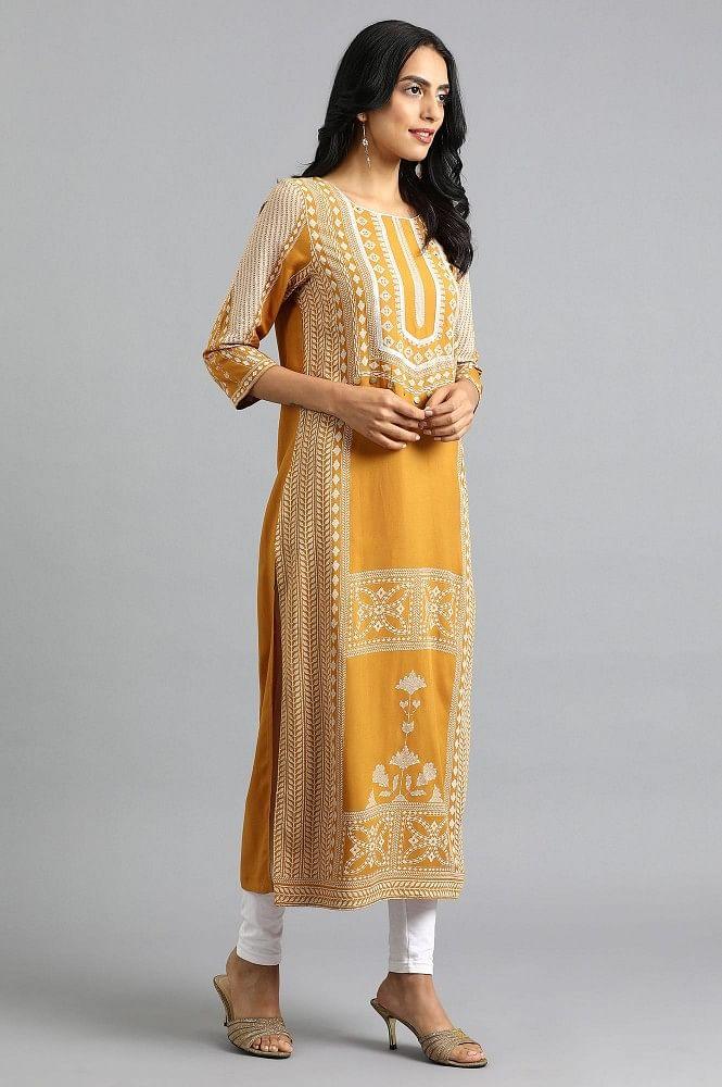 Yellow Round Neck Printed kurta - wforwoman