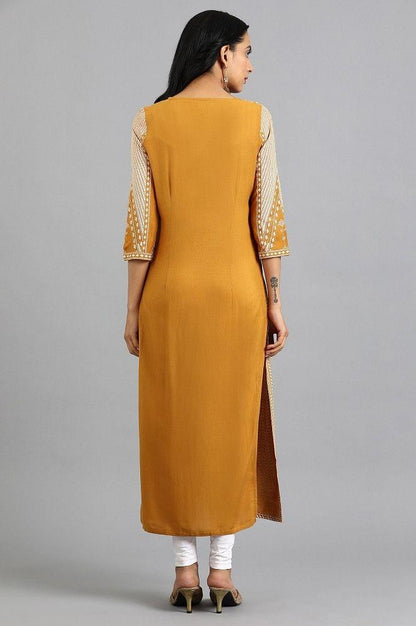 Yellow Round Neck Printed kurta - wforwoman