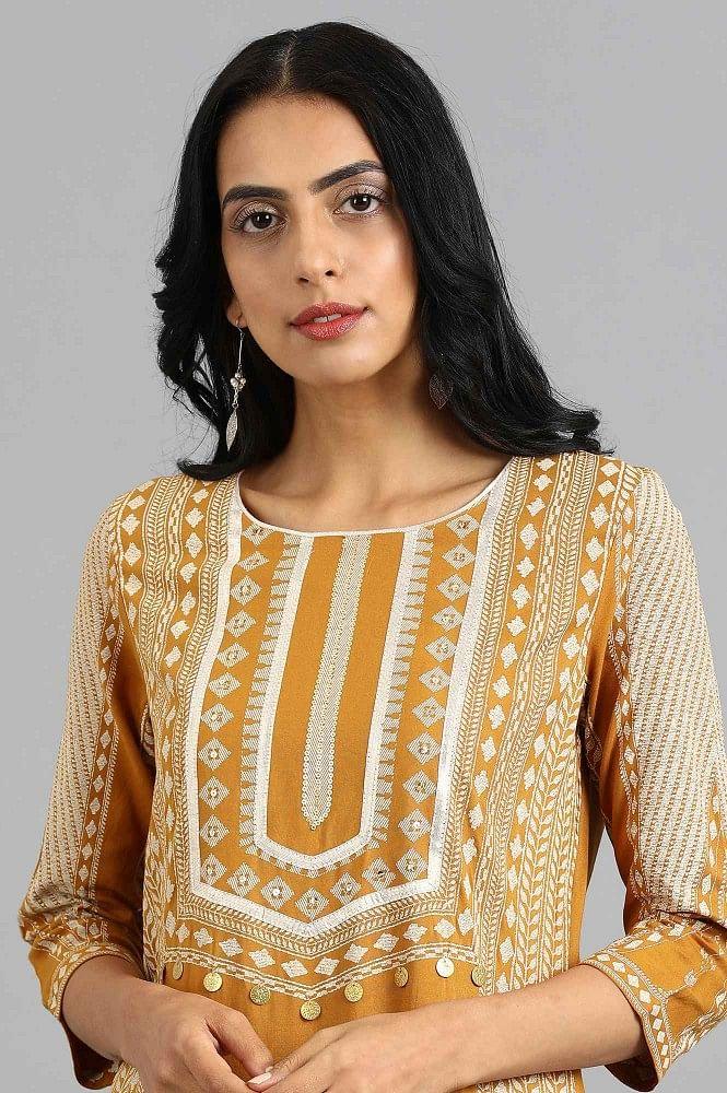 Yellow Round Neck Printed kurta - wforwoman