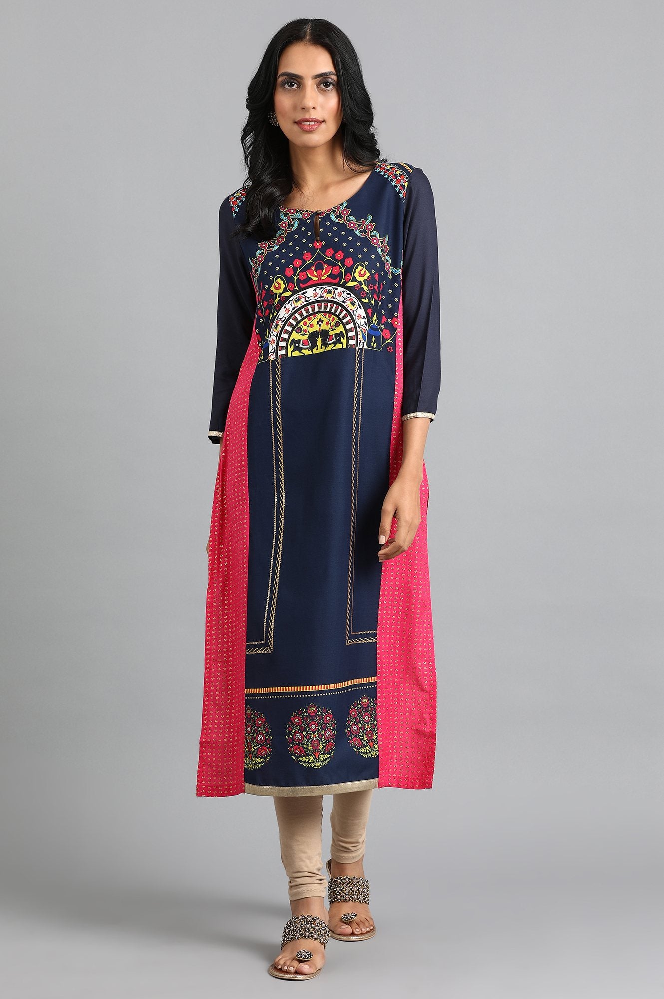 Blue Round Neck Printed kurta