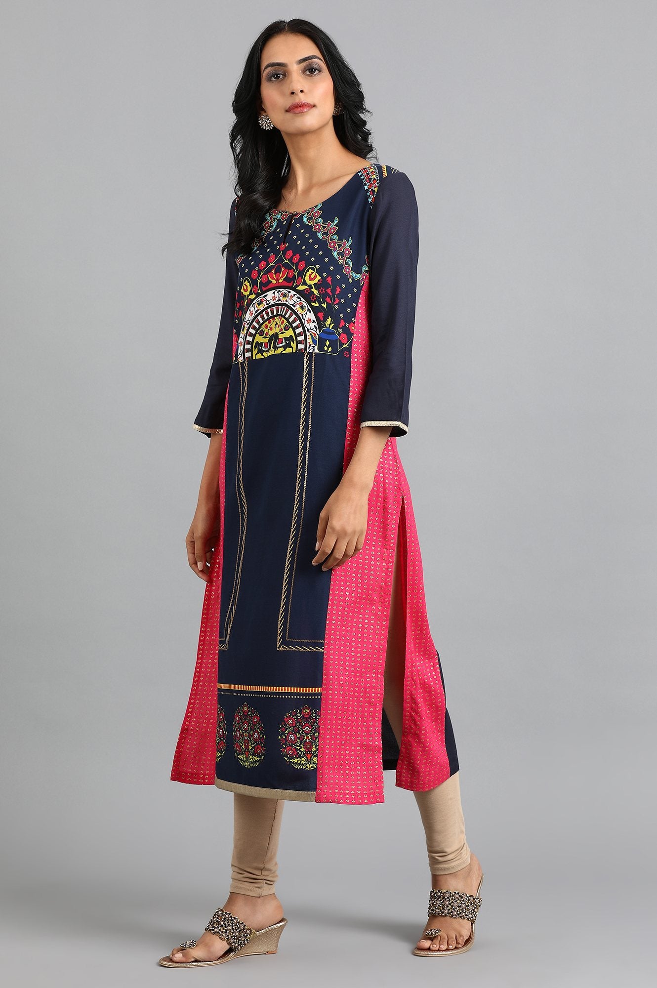 Blue Round Neck Printed kurta