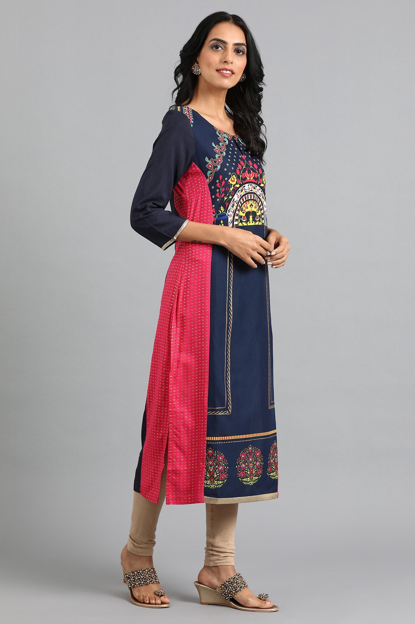 Blue Round Neck Printed kurta