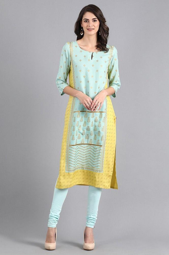 Blue Round Neck Printed kurta - wforwoman