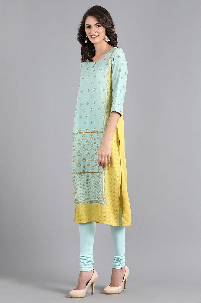 Blue Round Neck Printed kurta - wforwoman