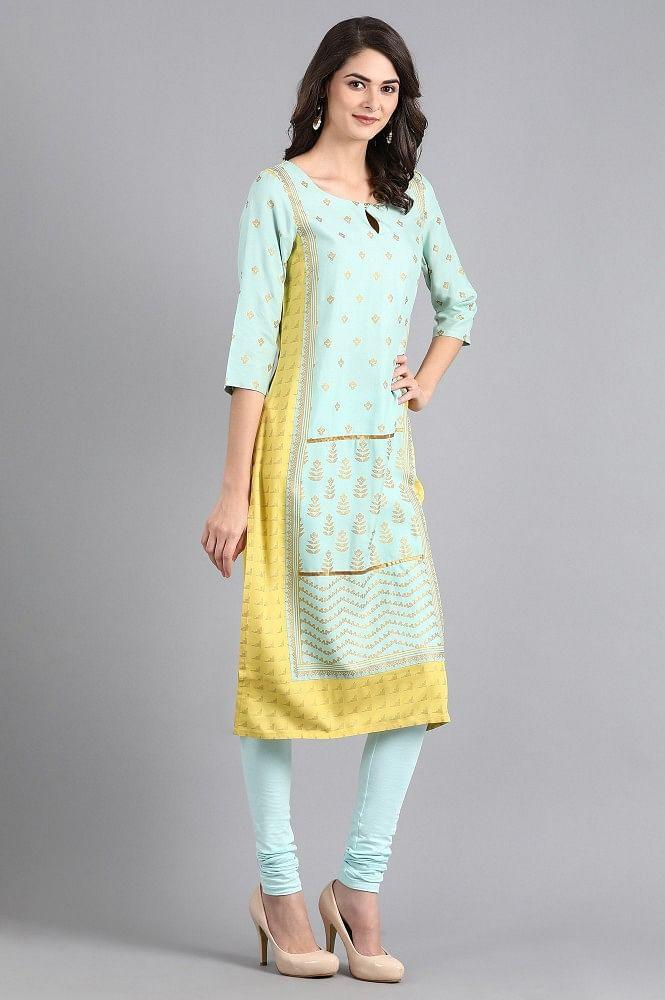 Blue Round Neck Printed kurta - wforwoman