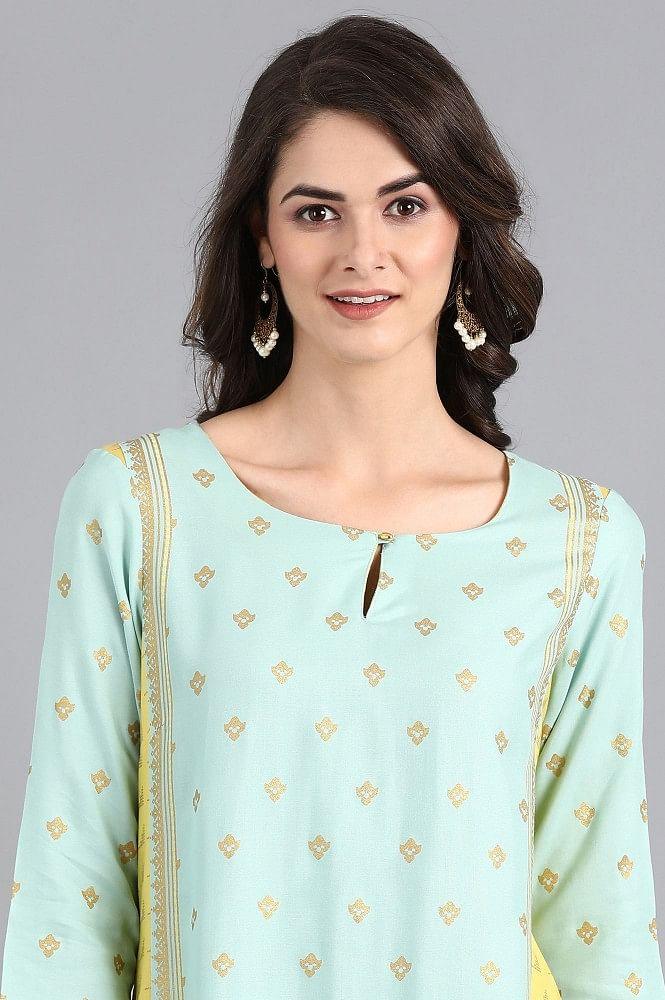 Blue Round Neck Printed kurta - wforwoman