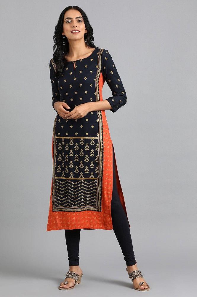 Blue Round Neck Printed kurta - wforwoman