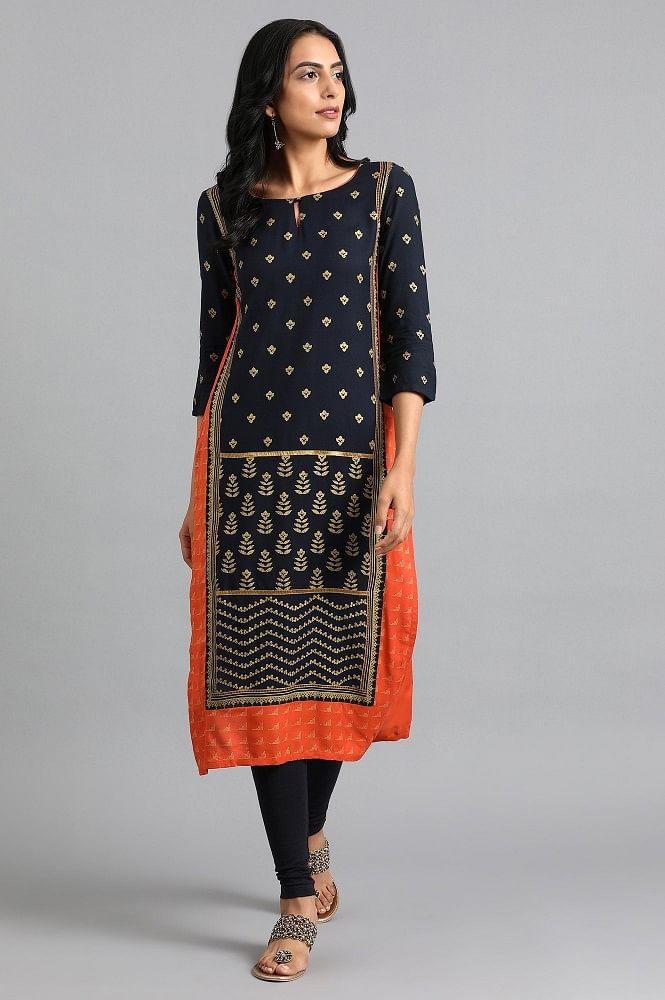 Blue Round Neck Printed kurta - wforwoman