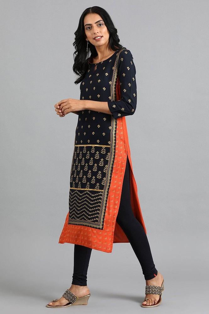 Blue Round Neck Printed kurta - wforwoman