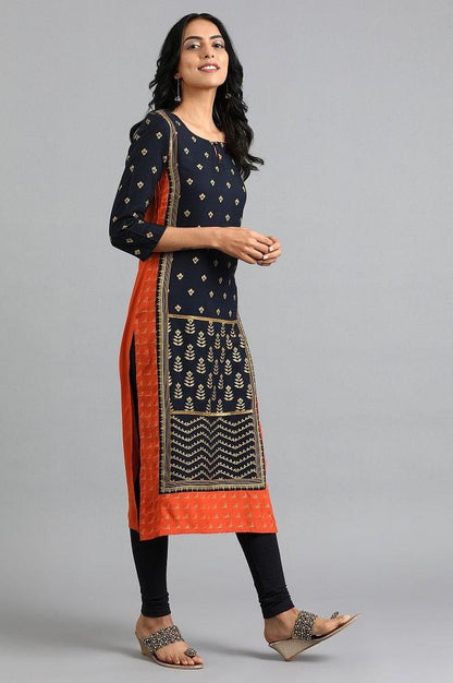 Blue Round Neck Printed kurta - wforwoman