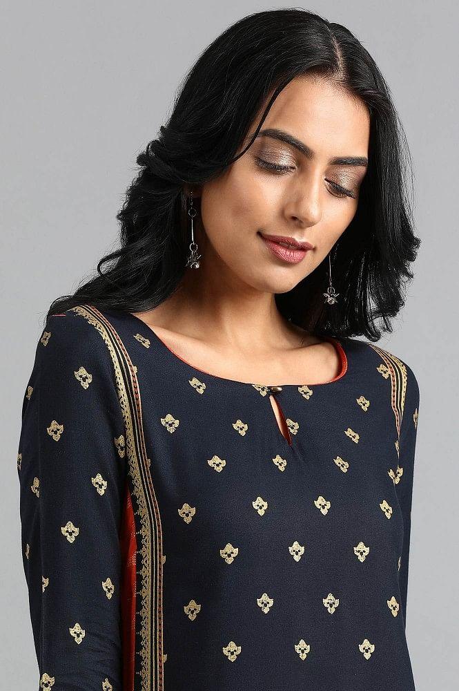 Blue Round Neck Printed kurta - wforwoman