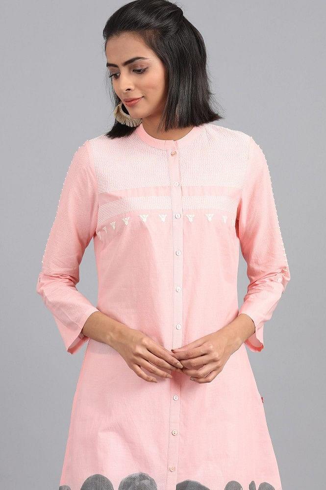 Pink Mandarin Neck Printed kurta - wforwoman